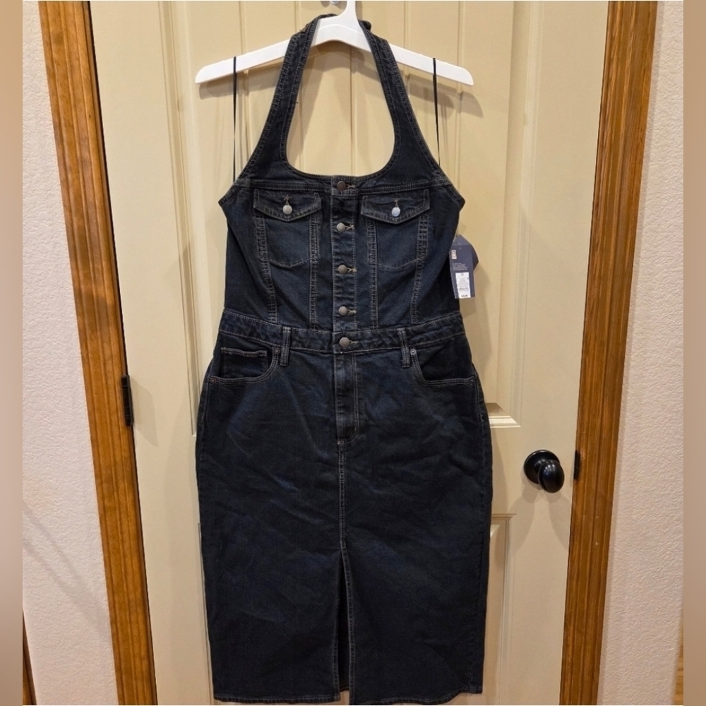 Denim Halter Midi Dress - Dark Wash - Women's Size 12 - New Streetwear Western - Picture 2 of 15
